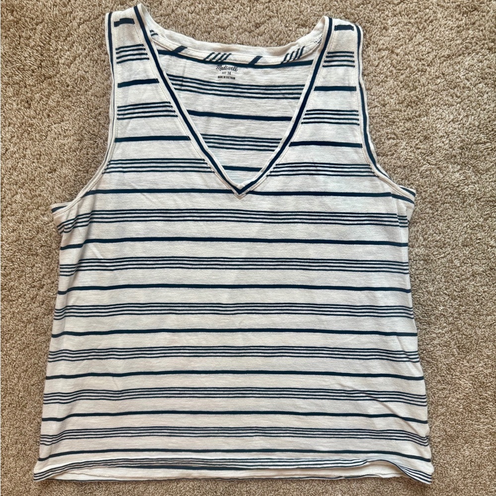 Madewell Blue and White Striped V-Neck Tank Top